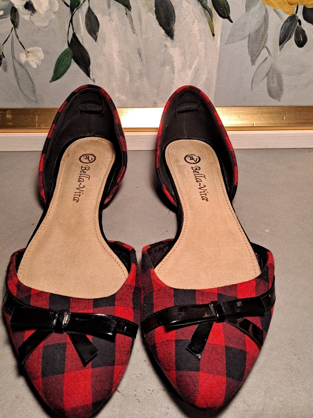 Bella Vita Red Black Buffalo Plaid Pointed Toe D'Orsay Flats Patent Bow Preppy